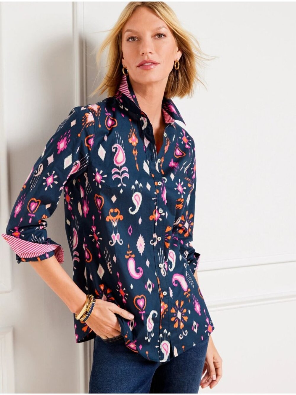 NEW Talbots Cotton Button Front Shirt - Ikat Paisley, Size 1X